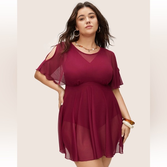 BloomChic Plus Size 3XL Plain Flutter Sleeve Tiered Mesh Swim Dress us22-24 - Picture 1 of 9